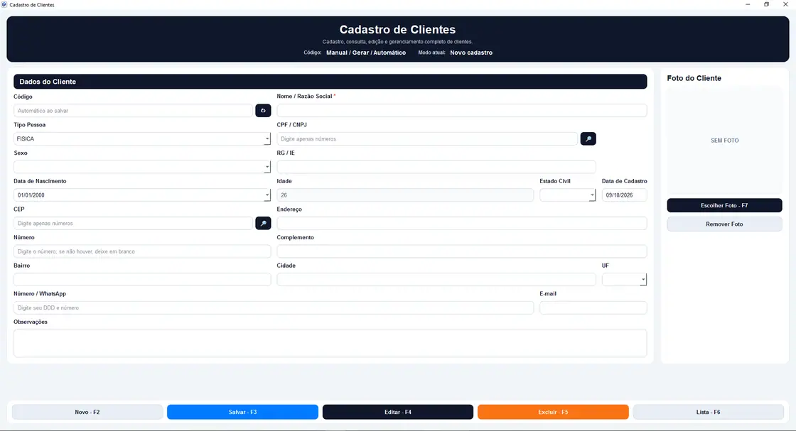 Captura real: Cadastro de clientes