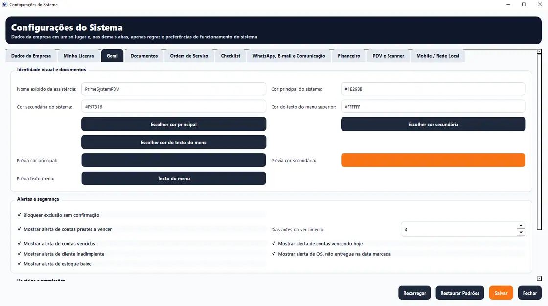 Captura real: Configurações