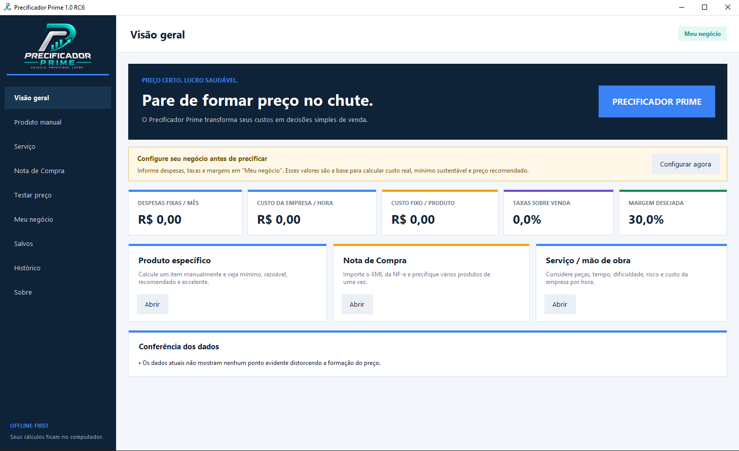 Visão geral real do Precificador Prime