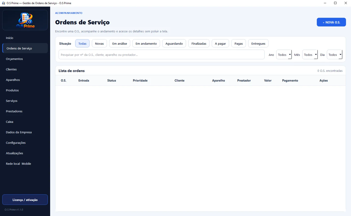 Visualize ordens por situação, pesquise e acompanhe o trabalho.