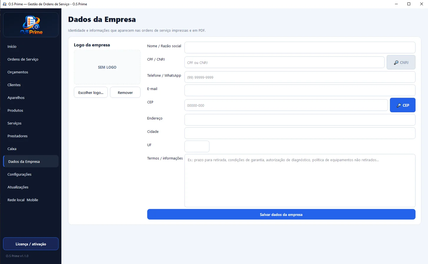 Personalize os dados da sua empresa para os documentos.
